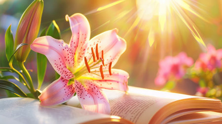 A stunning pink lily flower rests gracefully on an open book, illuminated by warm sunlight. This serene setting embodies peace and inspiration for nature lovers.の素材