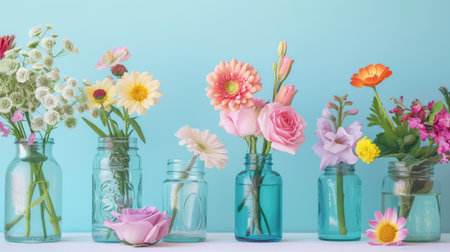 A vibrant display of fresh flowers arranged in vintage mason jars against a bright blue background, perfect for adding a cheerful touch to any decor.の素材