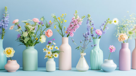 A vibrant display of colorful flowers in various pastel vases set against a soft blue background, creating a peaceful and inviting atmosphere for any space.の素材