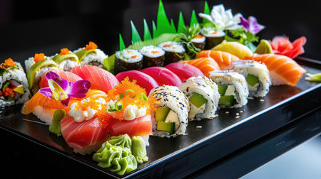 A stunning display of assorted sushi rolls arranged on a sleek black platter, showcasing vibrant colors and fresh ingredients, ideal for food lovers.の素材