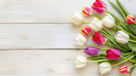 A stunning display of vibrant tulips in red, purple, and white, set against a rustic wooden background, perfect for spring-themed decor and floral arrangements.の素材