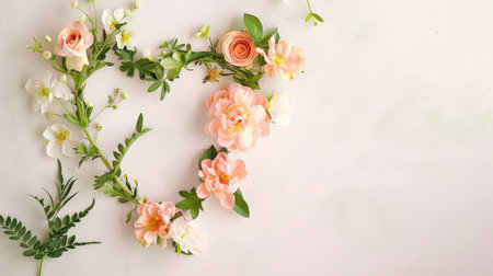A beautiful heart-shaped floral arrangement made with soft pink and white flowers set against a light background, perfect for romantic themes and celebrations.の素材