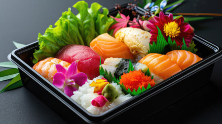 A beautifully arranged sushi platter featuring a variety of fresh seafood, vibrant flowers, and vegetables, set against a dark background. Ideal for culinary visuals.の素材