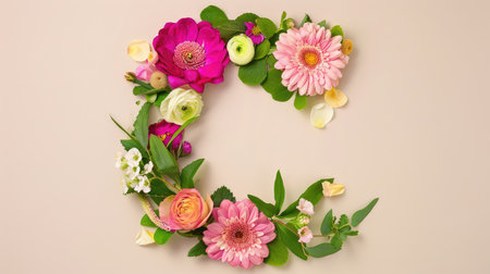 A stunning arrangement of vibrant flowers creating the shape of the letter C on a light background. Perfect for celebrating beauty, nature, and creativity.の素材