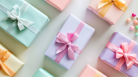 Beautifully arranged colorful wrapped gifts with elegant ribbons create a festive atmosphere, perfect for celebrations, holidays, or special events.の素材