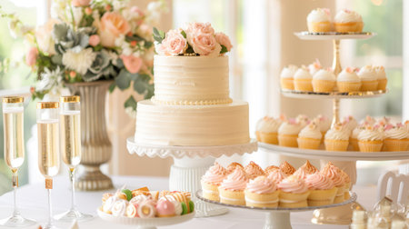 A stunning wedding dessert display featuring an exquisite cake adorned with roses, delicious cupcakes, and elegant floral arrangements in soft light.の素材