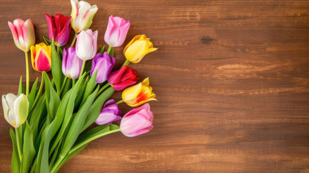 A stunning arrangement of fresh tulips in various vibrant colors, resting on a rustic wooden surface, perfect for adding spring charm to any setting.の素材