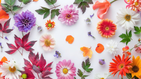 This captivating arrangement showcases a diverse collection of flowers and leaves on a white background, perfect for celebrating natureの素材