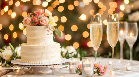 Stunning wedding cake adorned with fresh flowers, paired with elegant champagne flutes, perfectly set against a dreamy bokeh background for celebrations.の素材