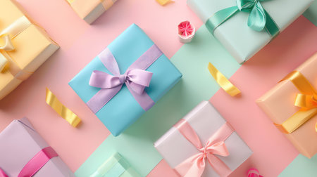 A vibrant arrangement of colorful gift boxes adorned with ribbons on a soft pastel background. Ideal for celebrations, parties, or festive occasions.の素材