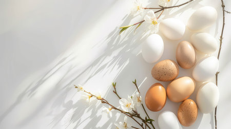 This image showcases a tranquil arrangement of fresh eggs, white and brown, accompanied by delicate floral blooms, casting gentle shadows.の素材