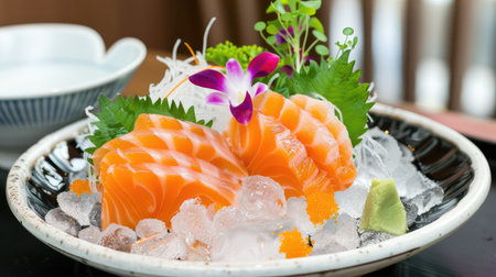 A stunning presentation of fresh salmon sashimi elegantly arranged on ice, enhanced with vibrant garnishes and a delicate flower, showcasing Japanese culinary artistry.の素材