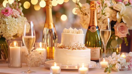 A stunning wedding cake elegantly displayed with champagne and beautiful floral arrangements, creating a romantic atmosphere for celebrations and special moments.の素材