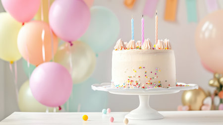 A beautifully decorated birthday cake sits on a white pedestal, surrounded by colorful balloons in a festive setting, creating a joyful atmosphere for celebrations.の素材
