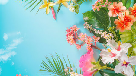 A stunning arrangement of vibrant tropical flowers and lush green leaves against a cool blue background, evoking feelings of summer, freshness, and beauty.の素材