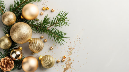 Beautifully arranged gold Christmas ornaments combined with lush green pine branches create a perfect festive atmosphere for holiday celebrations and decorations.の素材