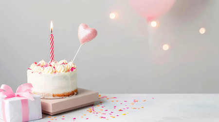 A beautiful birthday cake adorned with pink decorations, a lit candle, and a heart-shaped balloon, set against a soft light background, perfect for celebrations.の素材