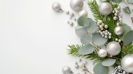An elegant arrangement featuring silver ornaments and eucalyptus leaves, perfect for holiday decorations. This composition brings a festive touch to any occasion.の素材