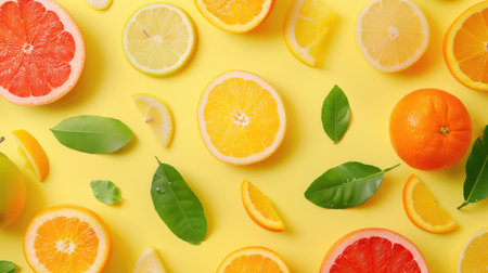 This vibrant composition showcases an array of fresh citrus fruits and leaves against a bright yellow background, perfect for healthy lifestyle themes.の素材