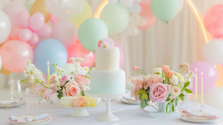 A beautifully arranged birthday celebration featuring an elegant pastel cake, floral displays, and a vibrant balloon backdrop, creating a joyful atmosphere.の素材