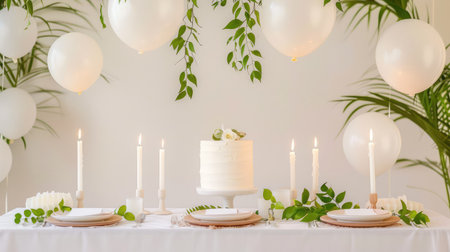 A beautifully arranged wedding table set with elegant white elements, featuring a cake, candles, and greenery, ideal for celebration and memorable moments.の素材