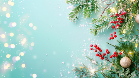 This vibrant Christmas decoration features lush greenery, bright red berries, and soft snowflakes, creating a joyful holiday atmosphere on a light blue background.の素材