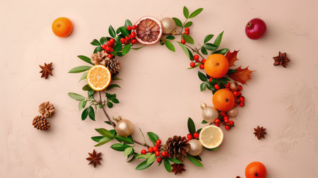 Elegant holiday wreath featuring fresh fruits, pinecones, and rich greenery, perfect for festive decoration and seasonal celebrations.の素材