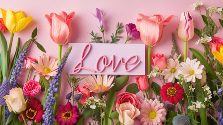 A stunning floral display featuring an array of colorful flowers against a soft pink background, highlighting the word "Love." Perfect for romantic themes.の素材