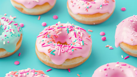 A collection of vibrant donuts adorned with pink icing and colorful sprinkles on a bright blue background, perfect for celebrating sweet moments.の素材
