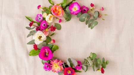 This beautiful floral frame features a mix of vibrant roses, eucalyptus, and assorted blooms, perfect for creative projects, events, and celebrations.の素材