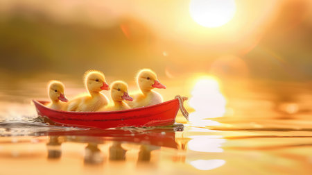 A charming scene featuring four baby ducks happily floating in a small red boat on a shimmering lake at sunset. The warm golden light enhances their cuteness.の素材