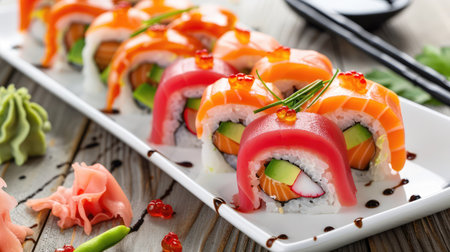 A vibrant arrangement of sushi rolls featuring salmon and tuna on a sleek white platter. Perfect for showcasing Japanese cuisine at restaurants and events.の素材