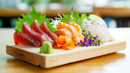 This visually stunning sushi platter showcases an array of fresh fish and colorful vegetables, perfect for a gourmet dining experience. Ideal for culinary art enthusiasts.の素材