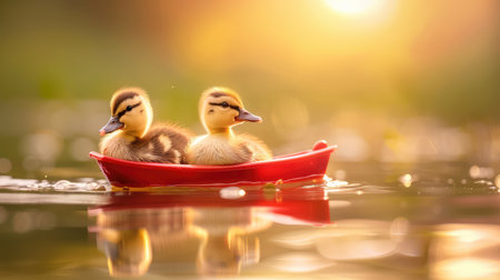 Two adorable baby ducks sit together in a small red boat, floating serenely on calm water at sunset, capturing a moment of pure joy and tranquility.の素材