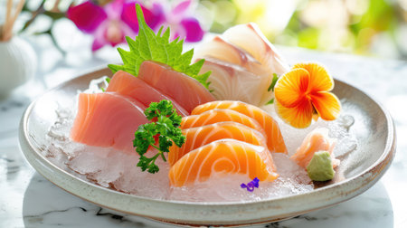 This vibrant sushi platter features an assortment of fresh fish delicacies elegantly arranged on ice, garnished with flowers and herbs for a beautiful presentation.の素材