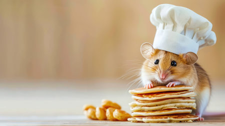 This charming image features a cute hamster in a chef's hat happily preparing fluffy pancakes. Ideal for food and animal-themed projects, it evokes joy and creativity.の素材