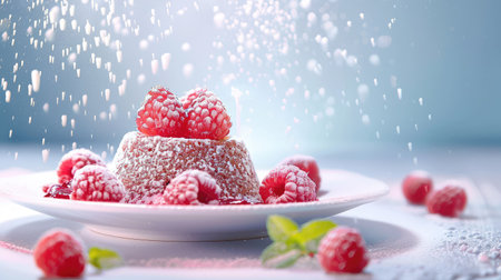 A beautifully styled dessert featuring fresh raspberries dusted with powdered sugar on a white plate, perfect for a light and refreshing experience.の素材