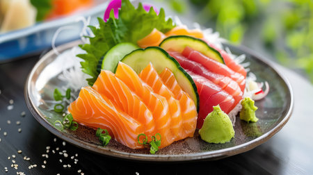 A vibrant plate features a delectable array of freshly prepared sashimi, including salmon, tuna, and cucumber, garnished with wasabi and herbs.の素材