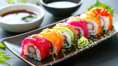 A vibrant arrangement of assorted sushi rolls placed elegantly on a black plate. Accompanied by soy sauce and wasabi, this dish offers a delightful culinary experience.の素材