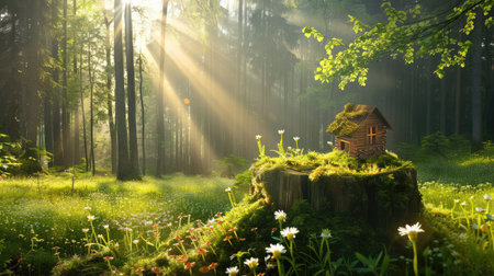 A whimsical tiny house rests on a moss-covered stump, surrounded by lush greenery and vibrant flowers, illuminated by soft sunlight in a serene forest.の素材