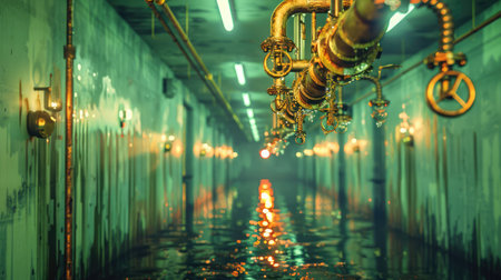 This stunning image portrays an industrial tunnel filled with water, showcasing illuminated pipes that create a captivating visual atmosphere.の素材