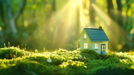 A charming tiny model house sits on vibrant green moss, illuminated by soft sunlight streaming through trees, creating a serene and magical atmosphere.の素材