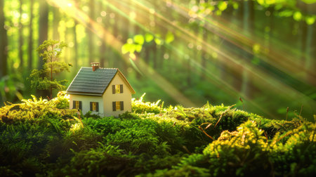 A serene image of a miniature house nestled in vibrant green moss, illuminated by soft sunlight rays filtering through a lush forest, evoking peace.の素材