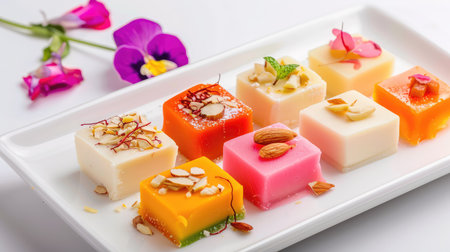 A visually stunning arrangement of traditional sweets displayed on a white plate, garnished with edible flowers and nuts, perfect for festive occasions.の素材