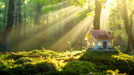 A charming miniature house nestled in a vibrant forest, illuminated by gentle sunlight filtering through the trees, creating a serene and enchanting scene.の素材