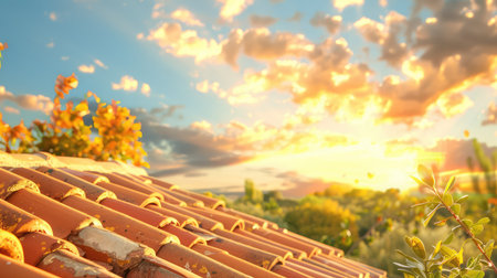 A stunning sunset scene showcasing terracotta roofs beneath a colorful sky filled with fluffy clouds, surrounded by the beauty of nature and greenery.の素材