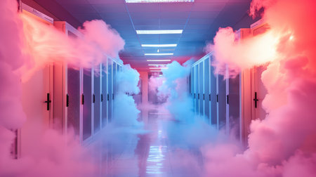 A captivating scene of a modern data center hallway enveloped in colorful fog, creating a surreal and mystical atmosphere that highlights technology.の素材