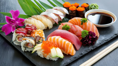 This vibrant sushi platter features an array of beautifully crafted sushi and sashimi, garnished with herbs and flowers, perfect for a gourmet dining experience.の素材