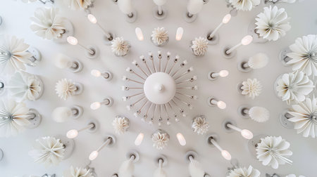 This stunning overhead shot captures a modern light fixture adorned with intricate white decorations, creating a harmonious and elegant atmosphere.の素材
