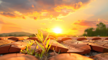 A captivating view of a sunset illuminating terracotta tiles with green sprouts emerging, surrounded by a vibrant sky, and a serene natural landscape.の素材